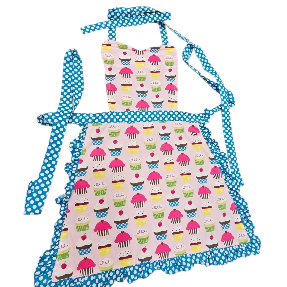 Adult Cupcake Apron Polka Dot Ruffle Pink Blue Cotton‎ Kitchen Baking Cooking